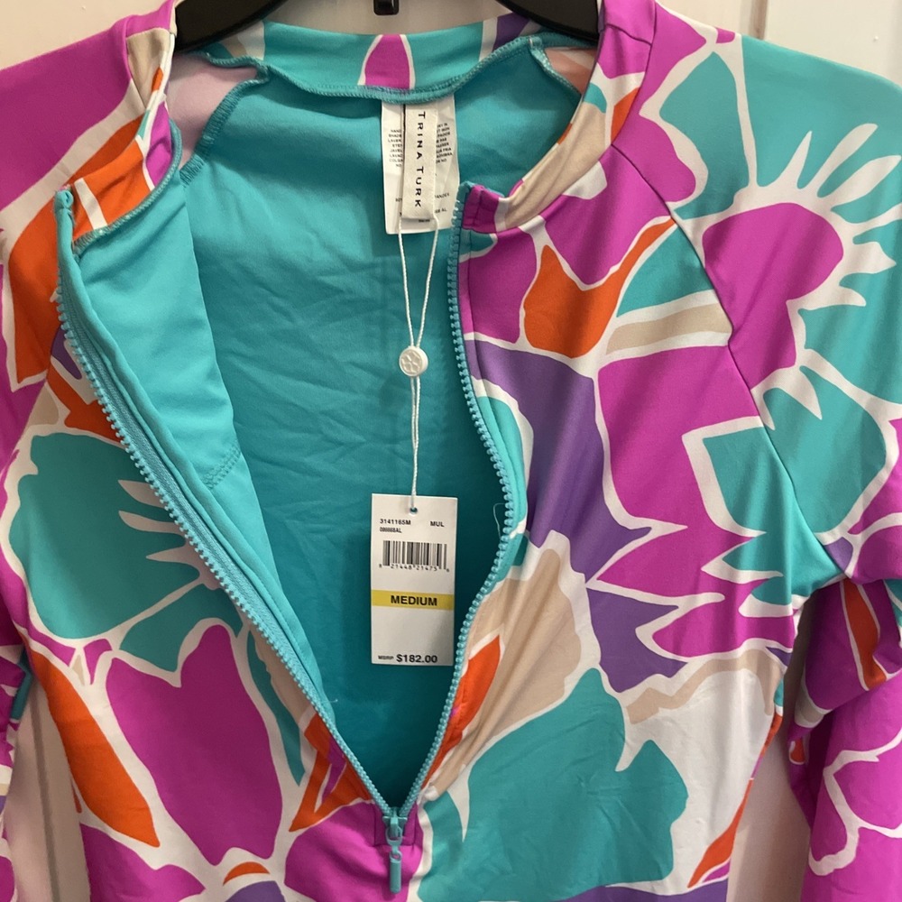 Trina Turk NWT Paddle B. Long Sleeve Floral One Piece Swimsuit Pastel Zip Medium - Picture 5 of 7
